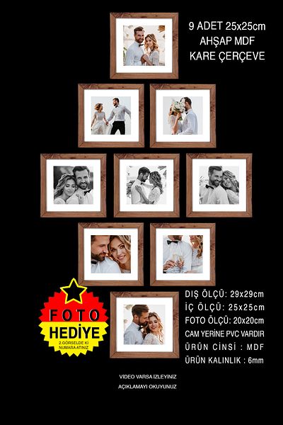 yhfoto 9 Pieces 25x25 Frame - Wooden Kemençe Frame - Mdf Square Photo Frame