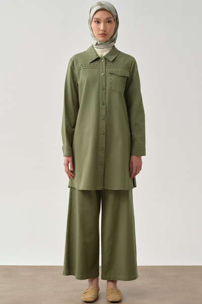 Tuğba Taş Çakmalı Yırtmaçlı Canvas Gömlek - Haki