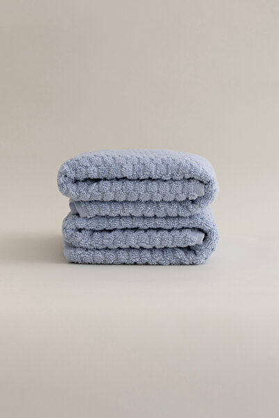 Koza Home Ivory Blue Embossed Textured Micro Fiber 100% Cotton 2 Piece Bath Towel Set 50 X 90 - 70 X 140 1118A