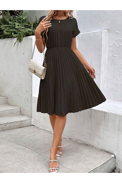 MODAVERA Women's Short Sleeve Open Collar Elastic Waist Pleated Short Imported Crepe Dress