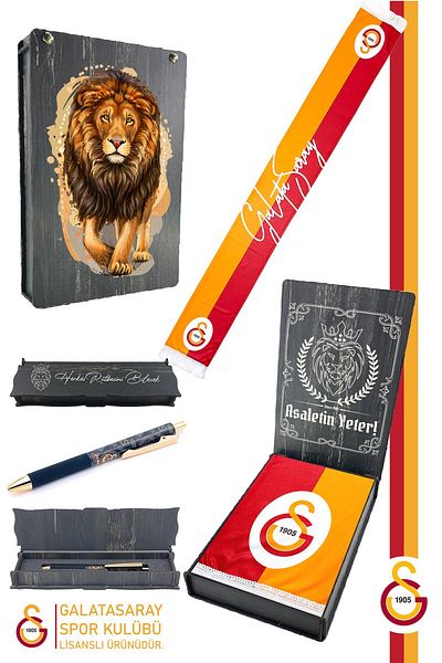 Galatasaray Eșarfă Kaškol cu ​​șal imprimat în două sensuri și stilou hibrid fără epuizare cu cutie de lemn