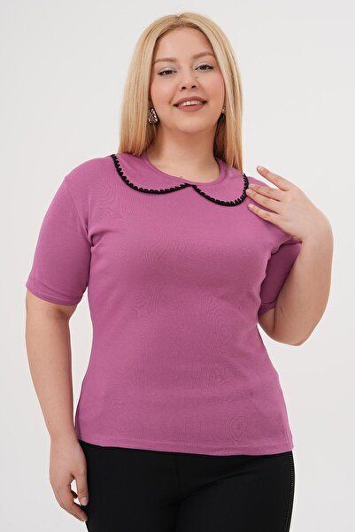 Siyezen Plus Size Baby Collar Needle Detailed Cotton Blouse