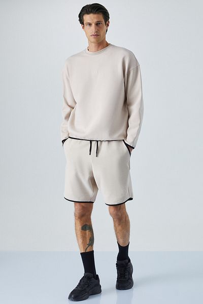 GRIMELANGE Plemon Men's Crew Neck Long Sleeve Print Detail Oversize Stone Color Sweatshirt