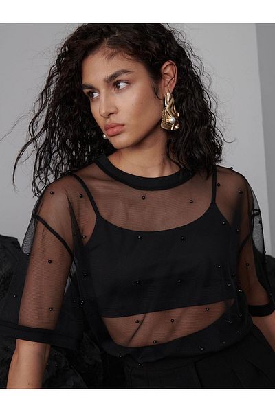 RİVUS Rope Strap Round Neck Crop Bodysuit - Black
