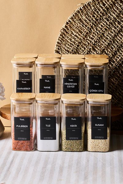 Perotti Gildo 12 Li Bamboo Lid Borosilicate Glass Spice Rack 400 ml 13X6 cm 30 Tags Gift