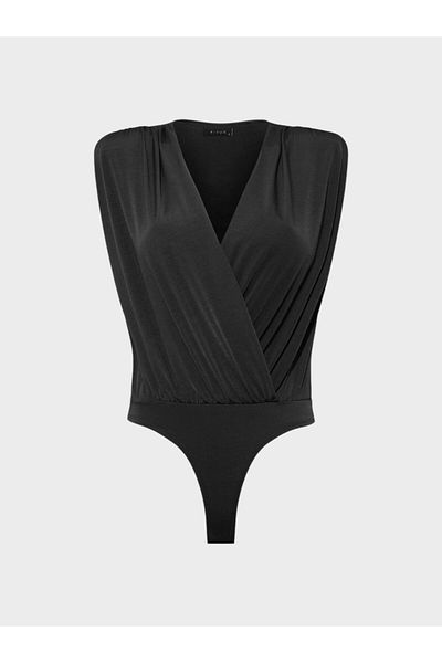 RİVUS V-Neck Body with Gathered Front and Shoulder Padding Detail - Black