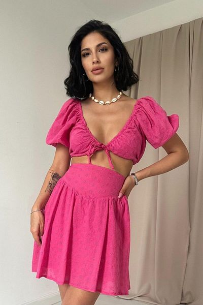 modaserdem Fuchsia Brode Crop and Mini Skirt Set