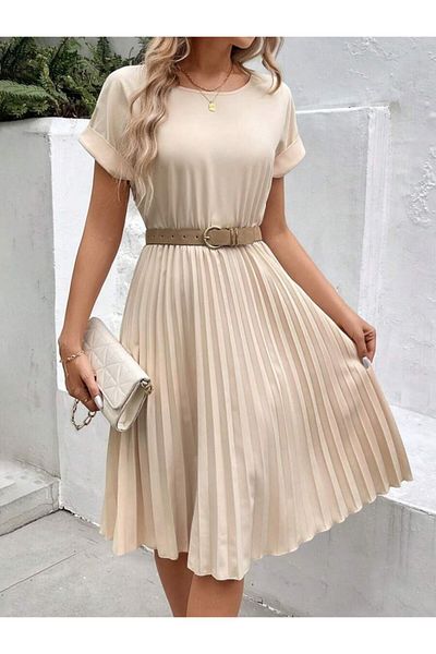 Kokosh moda Γυναικείο κοντομάνικο ανοιχτό γιακά ελαστική μέση πλισέ κοντό εισαγόμενο κρεπ φόρεμα
