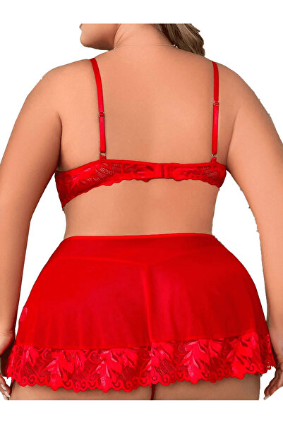 randevu Lacy Low-Cut Mini Tulle Nightgown with Accessories