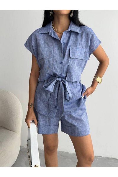 Kokosh moda Linen Tie-Up Sleeveless Shirt - Double Leg Shorts Set - Navy Blue