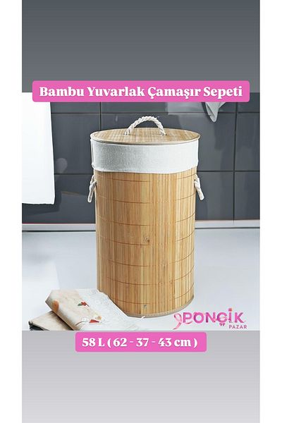 PONCİKPAZAR Coș rotund de rufe din bambus 58 litri