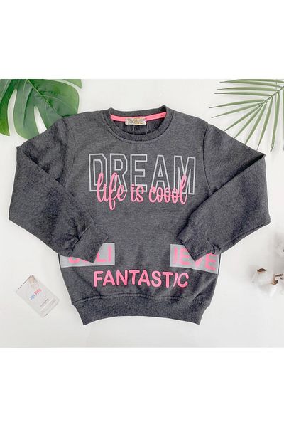 CherryPie Girl's Gray Color Sweatshirt with Text Detail on the Front