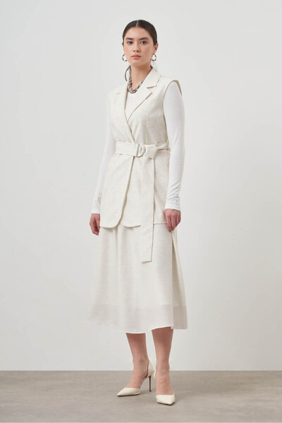 Mizalle Keten Doku Tokalı Ekru Yelek