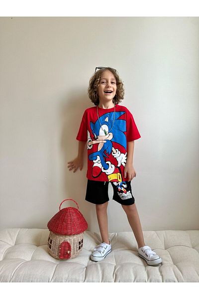 patriko tekstil Boy's Red Hedgehog Character Printed Shorts Tshirt Bottom Top Set