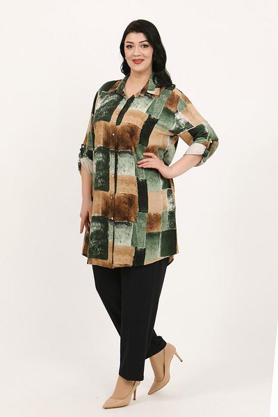 By Alba Collection Women's Khaki Patterned Cotton Viscose Large Size Tunic