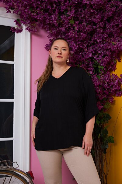 RMG Sleeve Detailed V-Neck Plus Size Blouse Black
