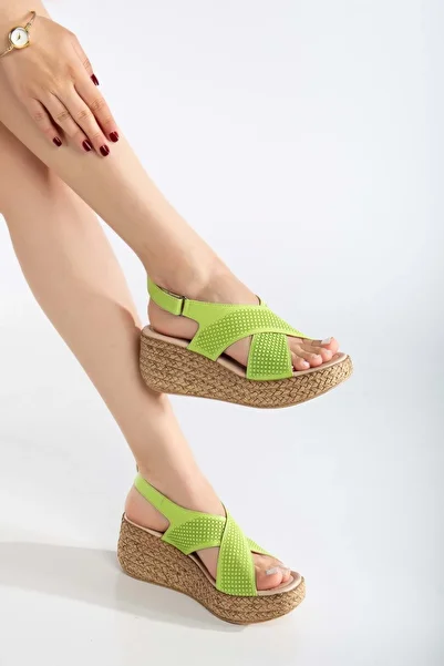 ANALİN SHOES Women's Genuine Leather Cross Strap Velcro Sandals - Pistachio Green