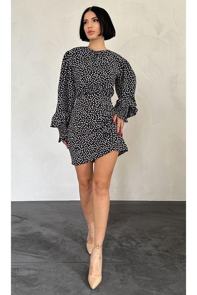 MRA Fashion Black Polka Dot Front Gathered Dress