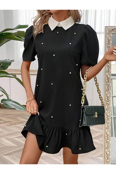 gelirr Women's Short Sleeve Neckline Pearl Detail Short Imported Crepe Dress