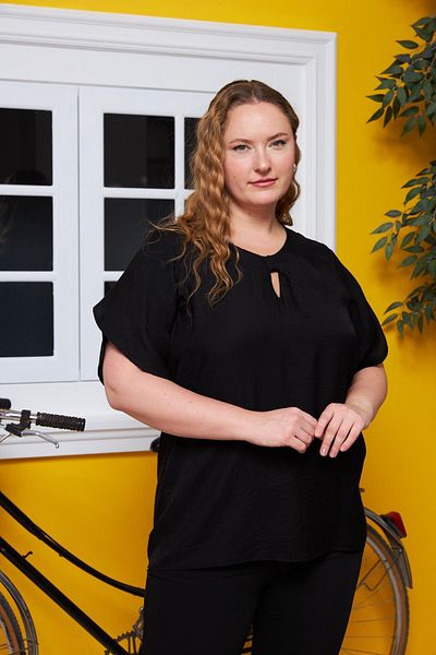 RMG Collar and Sleeve Detailed Large Size Blouse Black