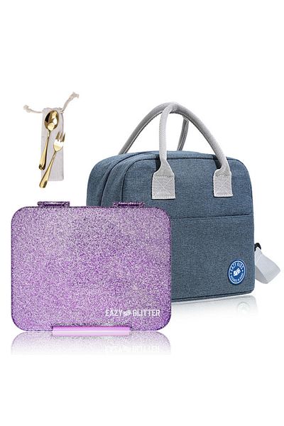 Eazy Kids 6 & 4 Convertible Bento Lunch Box w/ Lunch Bag and Spoon Fork Set - Glitter Purple
