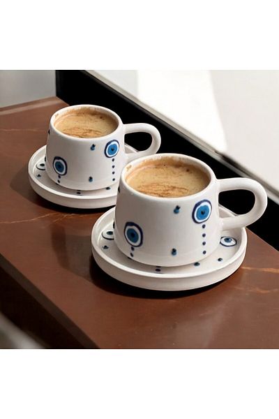 İlbay Çini Takı Ceramic Handcrafted Drop Evil Eye 2 Plates 2 Cups