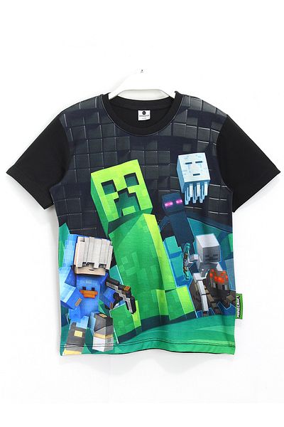 DobaKids Three Dimensional Cube Digital Printed Minecraf Creeper Patterned Boy's Black Color T-Shirt