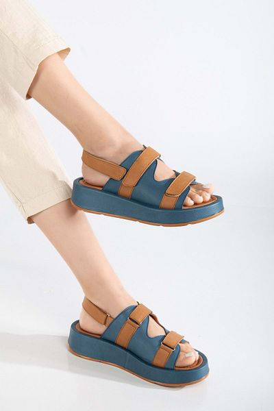 ANALİN SHOES Sandale de damă din piele naturală albastră denim cu talpă groasă cu velcro
