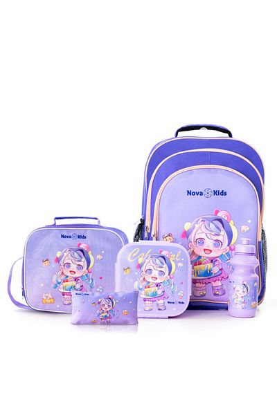 Eazy Kids مجموعة حقائب مدرسية نوفا كيدز مقاس 16 بوصة، 5 قطع - عيد ميلاد - بنفسجي