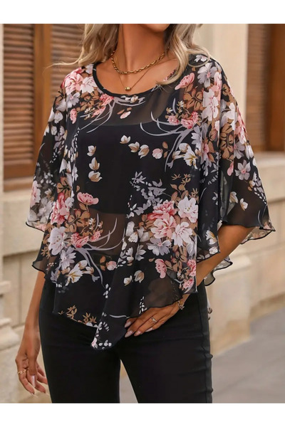 Deridün Yıldız Shoes المرأة قصيرة الأكمام جولة الرقبة الأزهار المطبوعة غير ال...