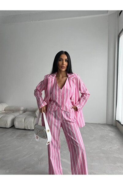 JANES Pink Striped Linen Vest-Pants Set