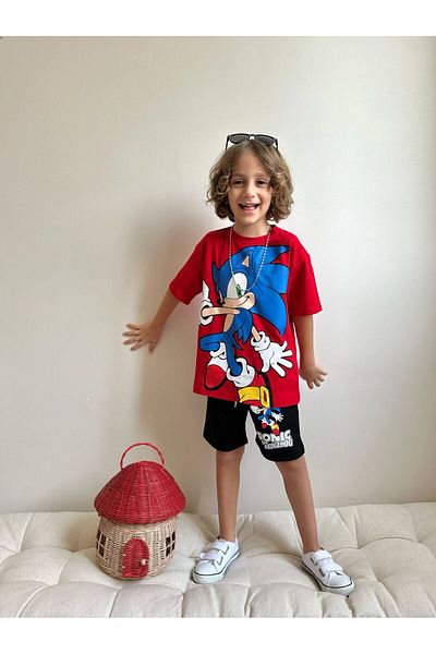 patriko tekstil Boy's Red Hedgehog Character Printed Shorts Tshirt Bottom Top Set