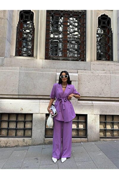 TUA MODA Tua Moda Short Sleeve Tie-Up Detail Jacket-Pants Suit - Purple