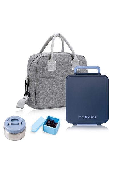 Eazy Kids Jumbo Bento Lunch Box w/ Lunch Bag and Thermos & Dip Jar- Grey