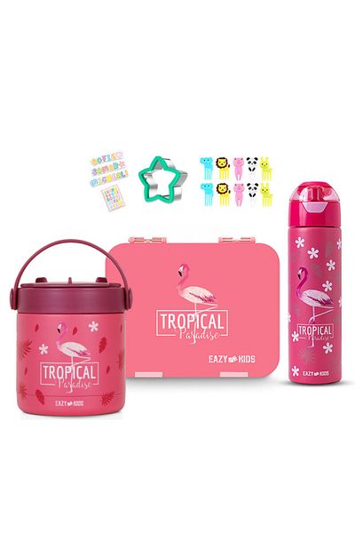 Eazy Kids صندوق غداء بينتو قابل للتحويل لـ 6 و4 أشخاص مع زجاجة مياه ومجموعة قاطعة شطائر ووعاء طعام - وردي استوائي