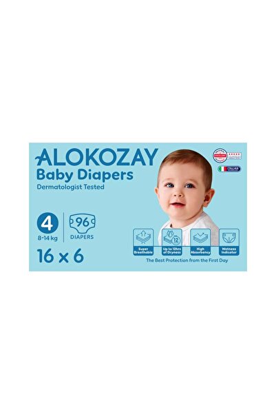 Alokozay حفاضات أطفال فاخرة - مقاس 4 (8-14 كجم) - 16 حفاضة × عبوة من 6 قطع