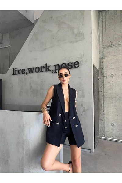 Kokosh moda Linen Vest - Shorts Set - Black