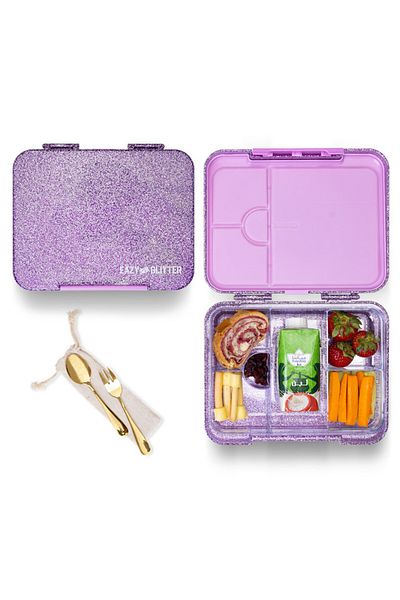 Eazy Kids 6 & 4 Convertible Bento Lunch Box w/ Water Bottle and Spoon Fork Set - Glitter Purple