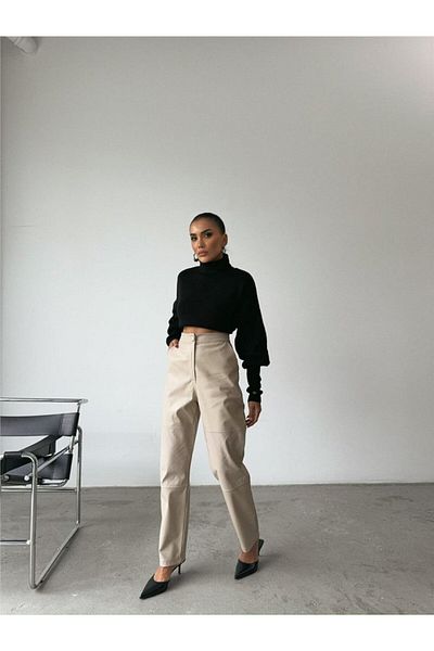 Kokosh moda Δερμάτινο Παντελόνι - Πέτρινο Στυλ με Κομμάτι Γόνατο