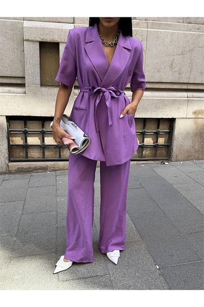 Kokosh moda Short Sleeve Binding Detailed Jacket-Pant Suit - Purple