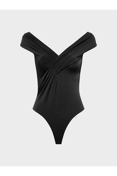 RİVUS Boat Neck Gather Detailed Sleeveless Body - Black