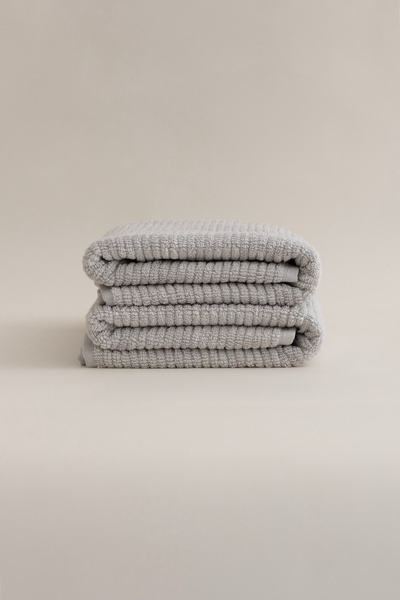 Koza Home Ivory Grey Ribbed Micro Fiber 100% Cotton 2 Piece Bath Towel Set 50 X 90 - 70 X 140 1126A