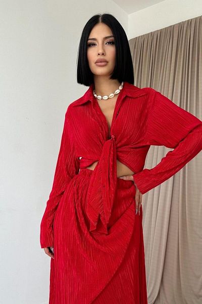 modaserdem Red Corduroy Shirt and Long Skirt Set