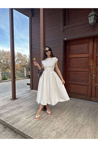 eBaa fashıon BEL BÜZGÜLÜ SIRT DEKOLTELİ İÇİ KABARTMA TÜLLÜ MİDİ ELBİSE