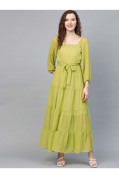 Sassafras By Styli Solid Tiered Square Neck Maxi Dress