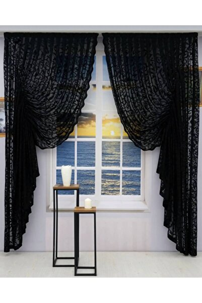 Ceylanlar perde Cortina din tul cu două aripi, negru, cu șnururi, tip iederă