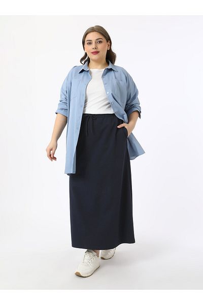ALİA Large Size Elastic Waist Knitted Skirt - Navy Blue - Alia