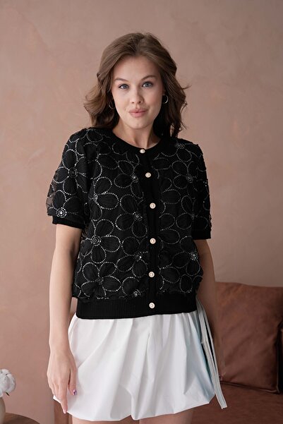 Arbucky Kadın Bisiklet Yaka Tüllü Çiçekli Kısa Kollu Organze Triko Hırka