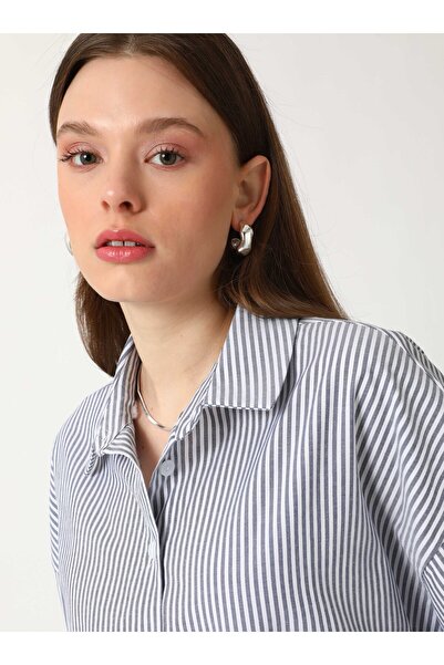 Benin Çizgili Poplin Oversize Gömlek Tunik - Lacivert cizgili - Benin
