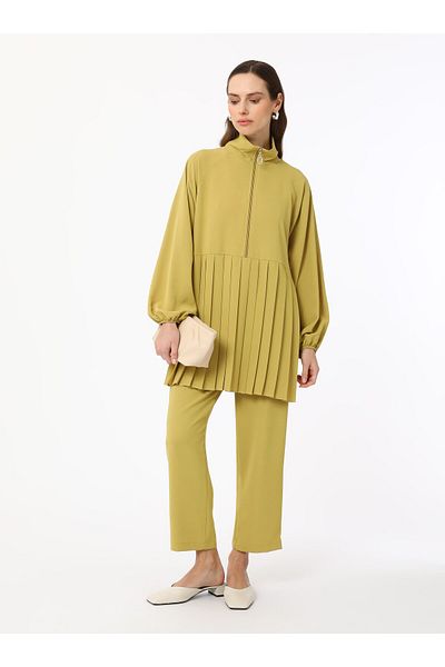 Refka Pleated Detailed Zippered Tunic & Trousers Set - Oil Green - Refka Exclusive